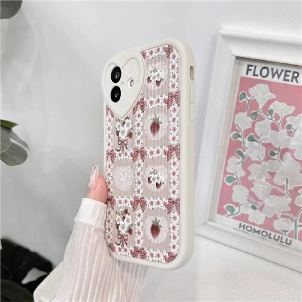 Lace Floral Strawberry Bow iPhone 16 Case Soft Pink Kawaii Shockproof - Picture 2 of 7